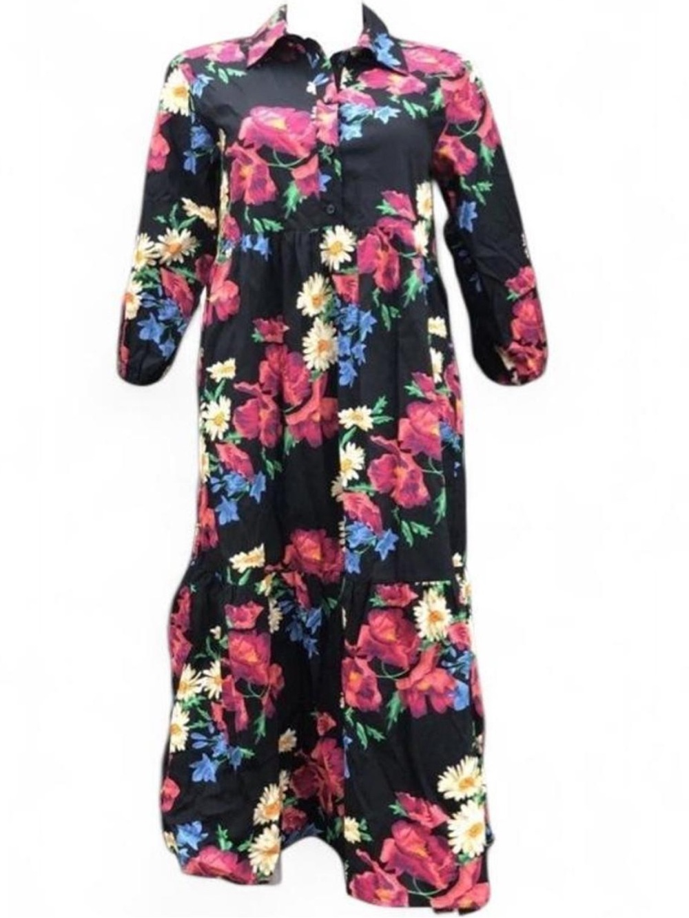 New Maeve Anthropologie The Bettina Tiered Shirt Dress Floral Black Midi SZ- M